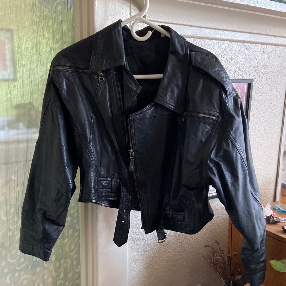 Black Aviator leather jacket.